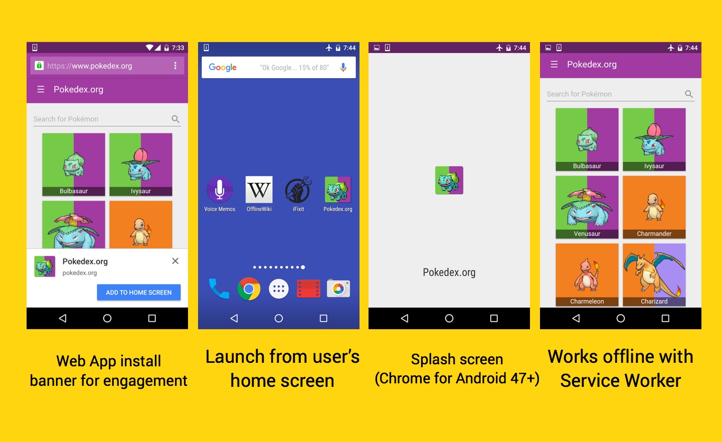 Web app install banners for engagement, launch from the user's homescreen, splash screen in Chrome for Android, works offline with Service Worker