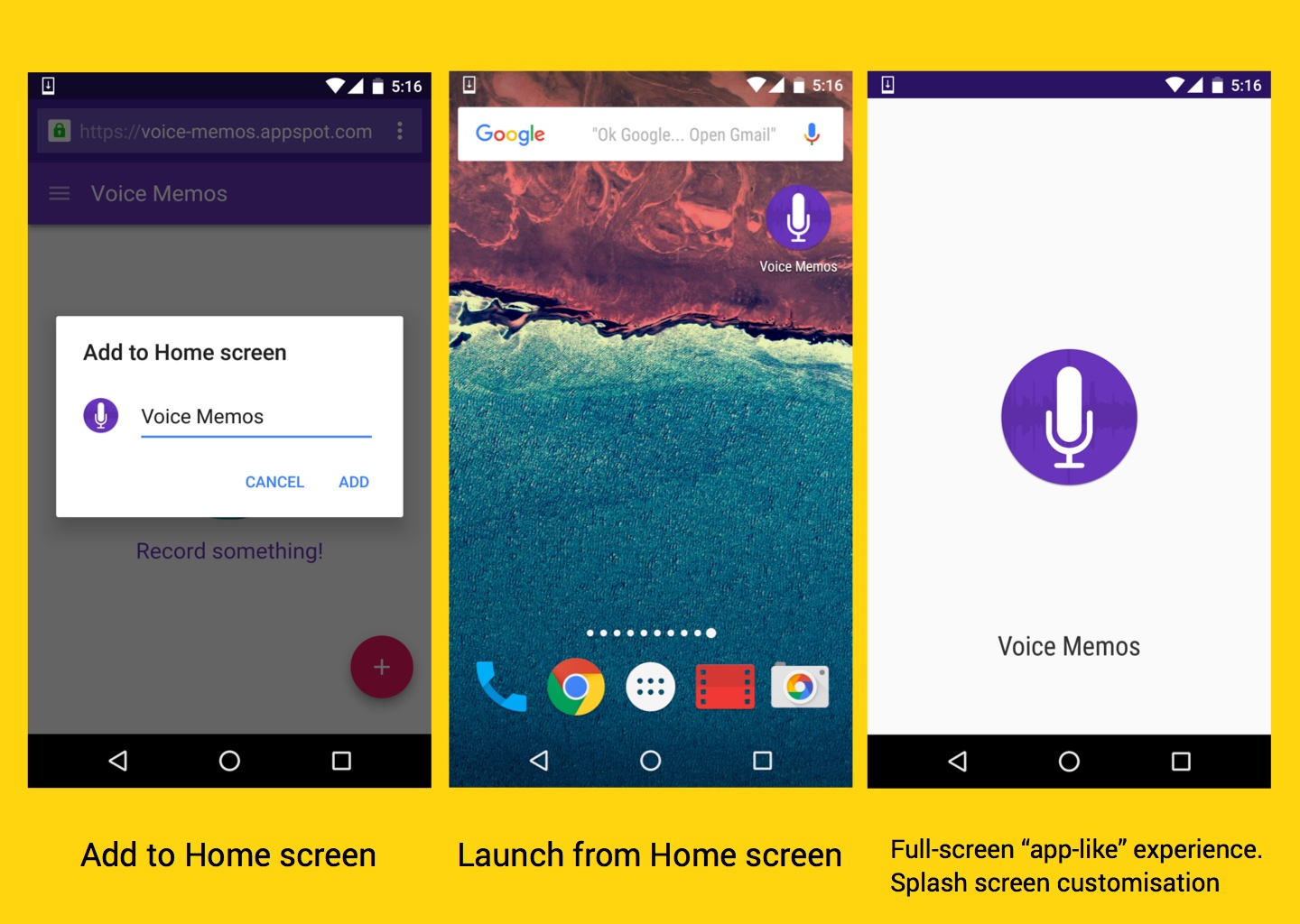 Add to homescreen, launch from homescreen and full-screen app-like experiences.
