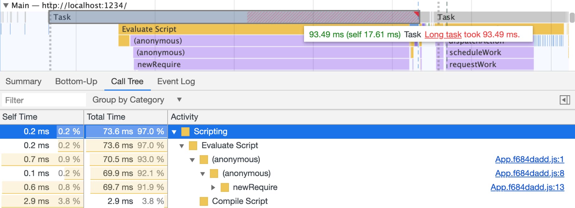 Long Tasks highlighted in the devtools performance panel