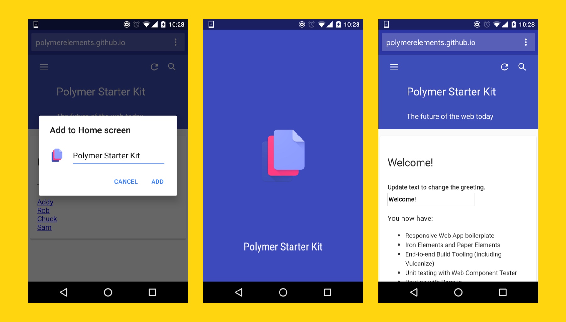 Polymer starter kit displaying progressive web app features built in