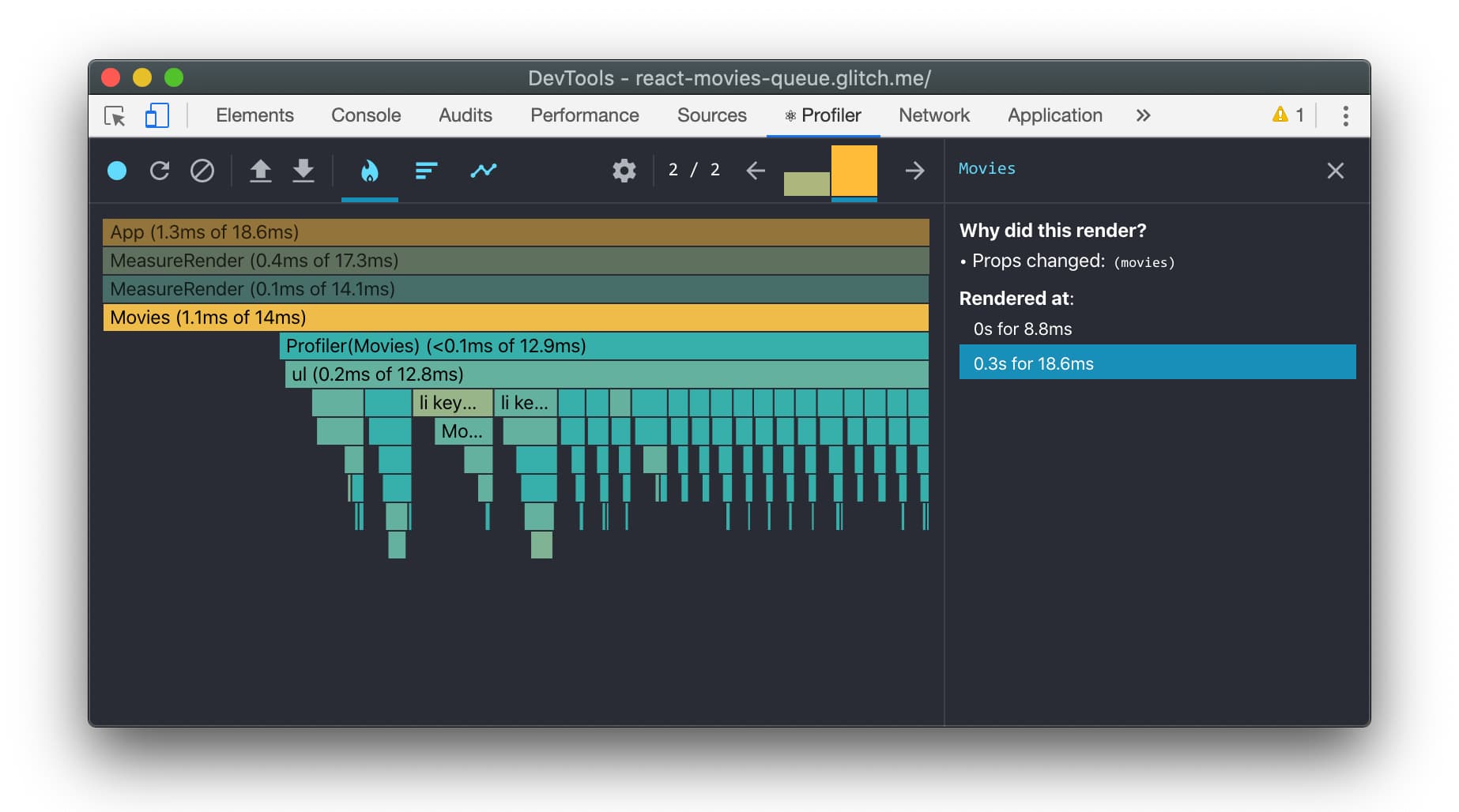 React DevTools showing profiler api