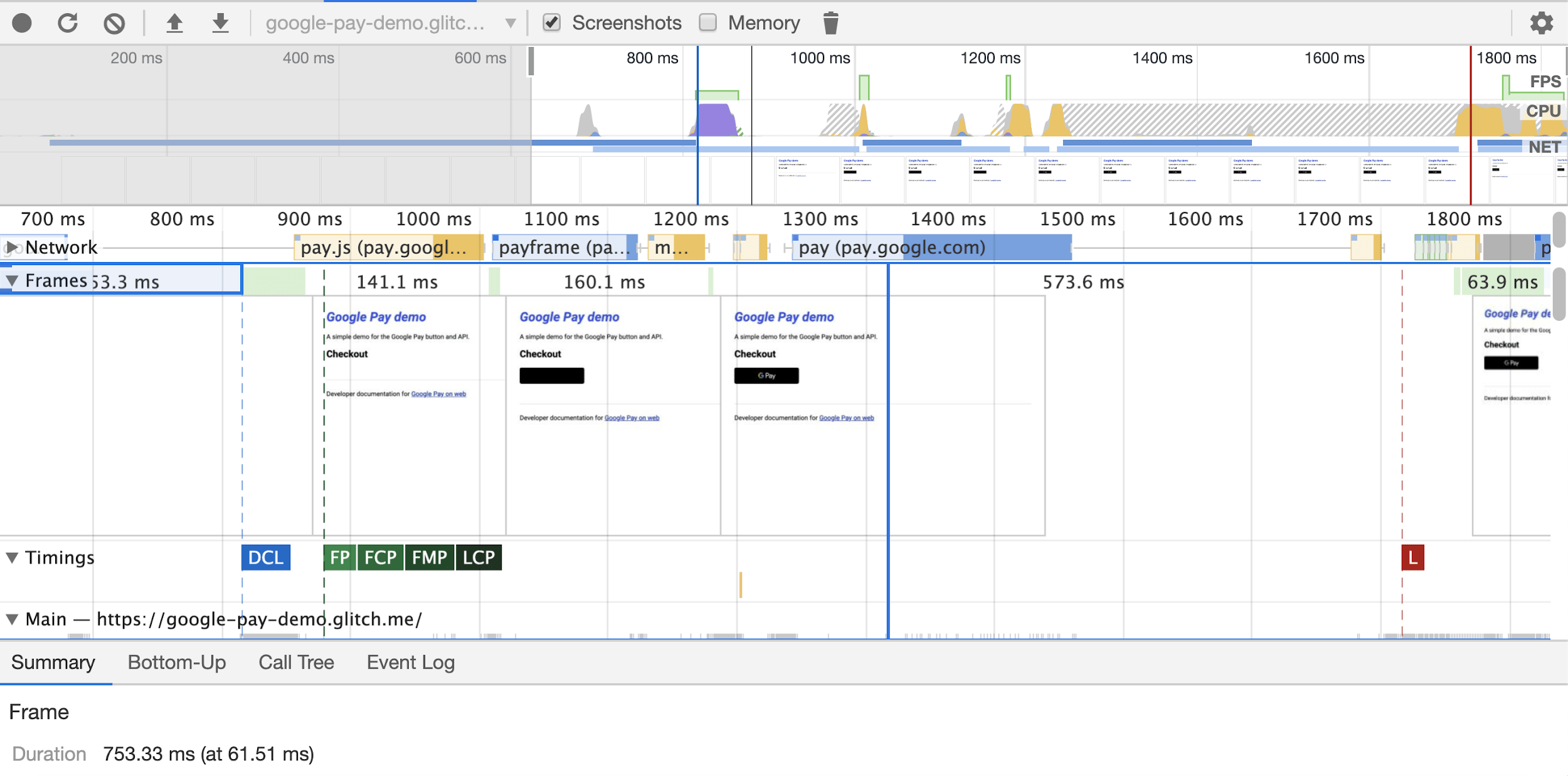 DevTools screenshots in the performance panel