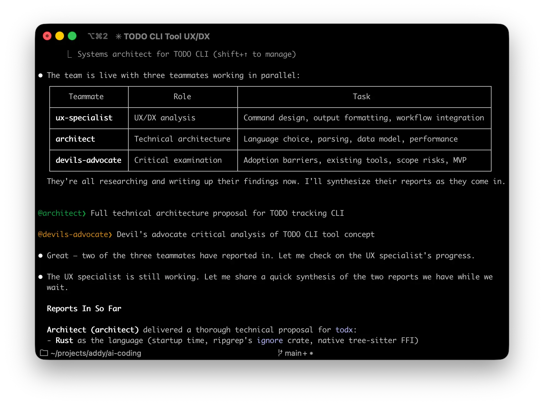 A screenshot of a terminal showing a team lead with three teammates, each working on different tasks related to a CLI tool project.