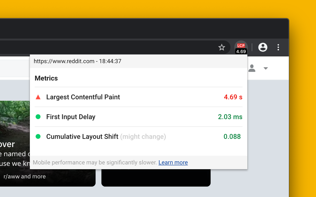 Web Vitals extension displaying Largest Contentful Paint, First Input Delay and Cumulative Layout Shift