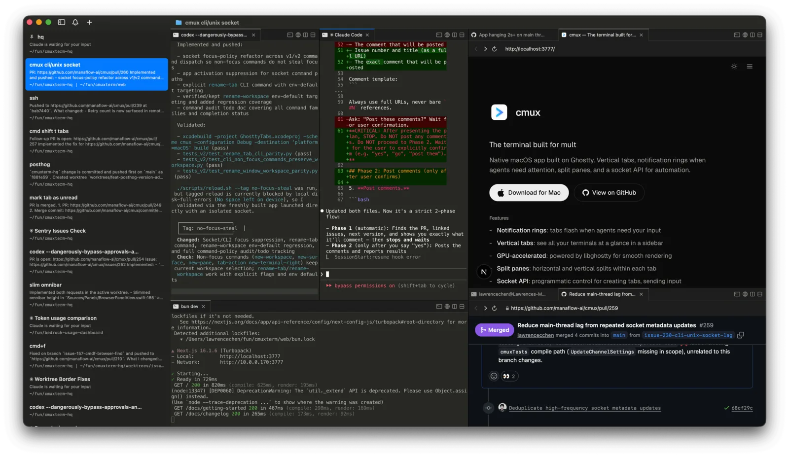 Screenshot of a dense dark desktop window with many vertical tabs and split panes. The far-left column is a list of agent sessions and notifications with colored status markers. The middle panes show a code diff and an agent transcript working through pull request comment formatting rules and validation output, plus a terminal pane at the bottom with a dev server log. The right side shows a browser pane on localhost with a landing page for 'cmux', described as the terminal built for multiple agents: a native macOS app built on Ghostty with vertical tabs, notification rings when agents need attention, split panes and a socket API for automation. Buttons read 'Download for Mac' and 'View on GitHub', and a feature list mentions notification rings, vertical tabs, GPU acceleration and the socket API. Below it is a merged pull request card about deduplicating high-frequency socket metadata updates.