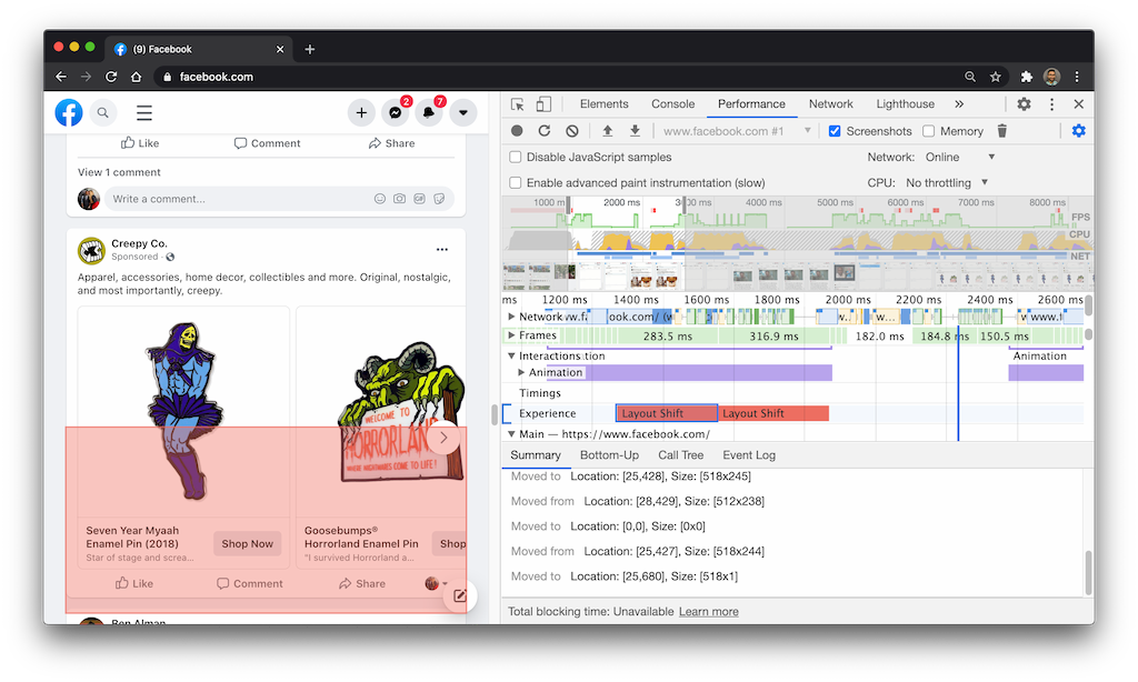 DevTools displaying layout shifts for the cards on Facebook.com's timeline feed