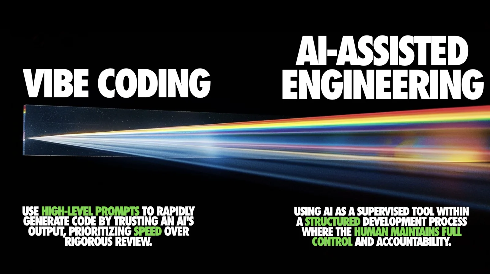A contrast slide on black. On the left, the heading 'VIBE CODING' with the caption 'Use high-level prompts to rapidly generate code by trusting an AI's output, prioritizing speed over rigorous review.' On the right, 'AI-ASSISTED ENGINEERING' with the caption 'Using AI as a supervised tool within a structured development process where the human maintains full control and accountability.' Key phrases in both captions are highlighted in green. Between them runs a photograph of a glass prism splitting a white beam of light into a rainbow spectrum that fans out from left to right.