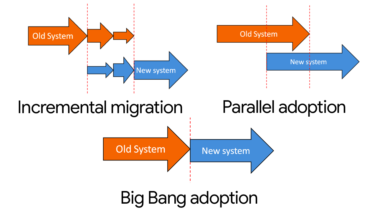 incremental migration, parallel adoption and big bang adoption.