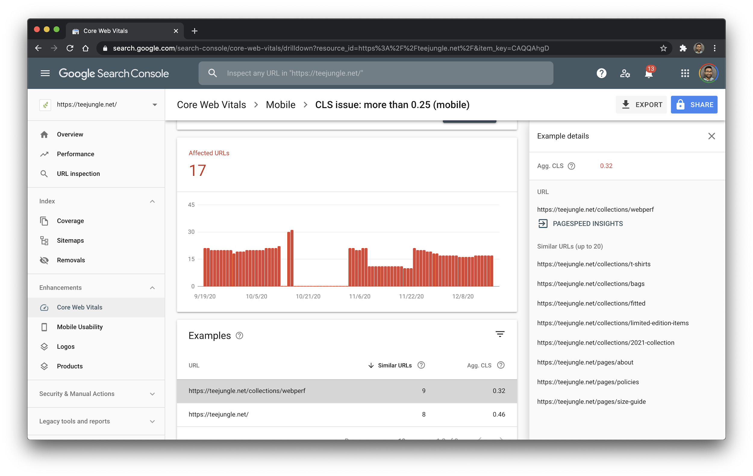 Search Console displaying the Core Web Vitals report