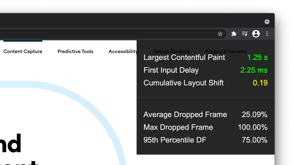 Today I'm happy to preview a new Performance Heads-Up Display (HUD) coming to Chrome and Chrome for Android. It includes the Core Web Vitals.     