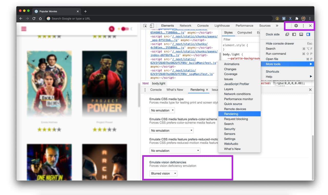 DevTools rendering panel showing the color vision deficiency emulation